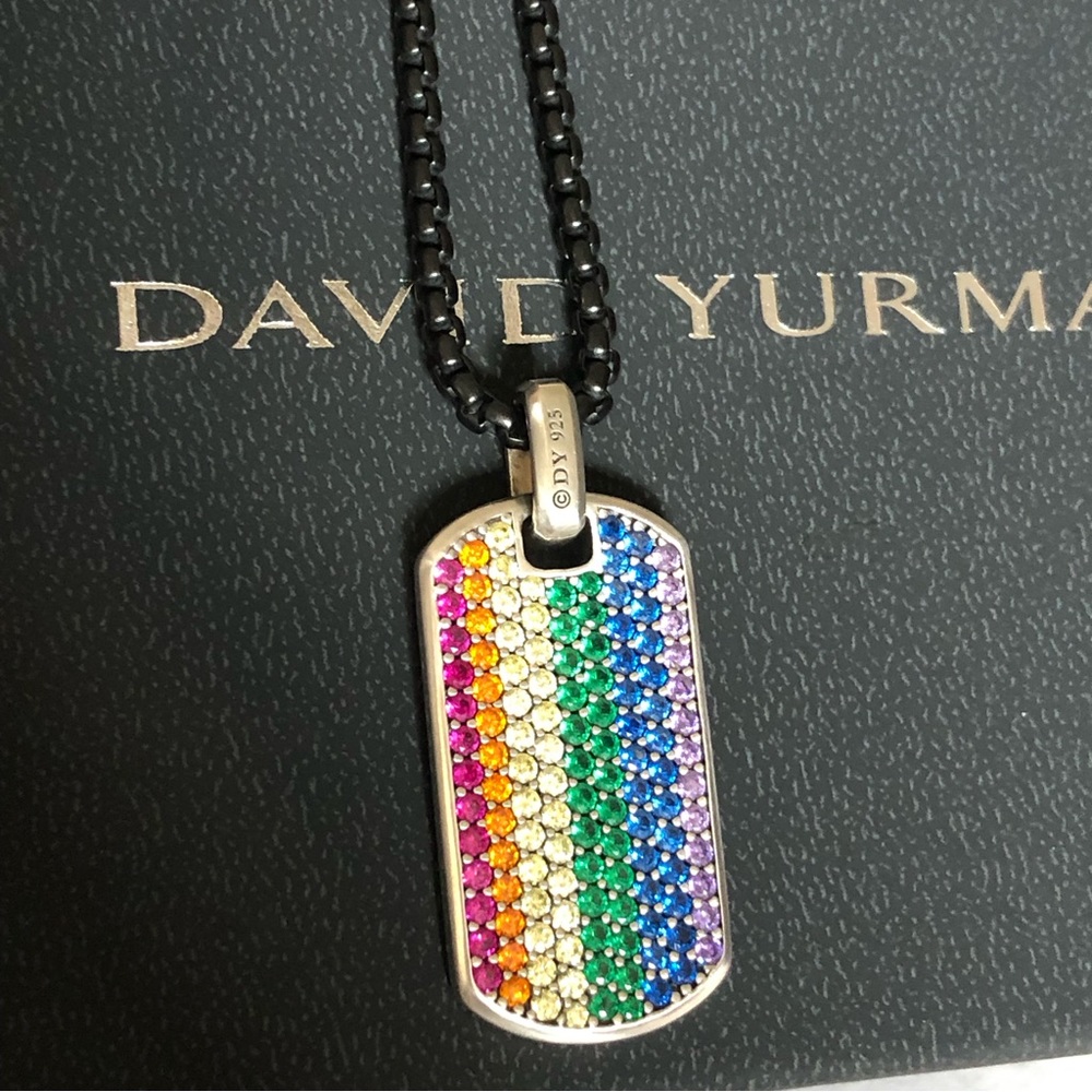 David Yurman SS 925 Streamline Rainbow Pavé Tag Pendant 35mm w/26” DY Chain